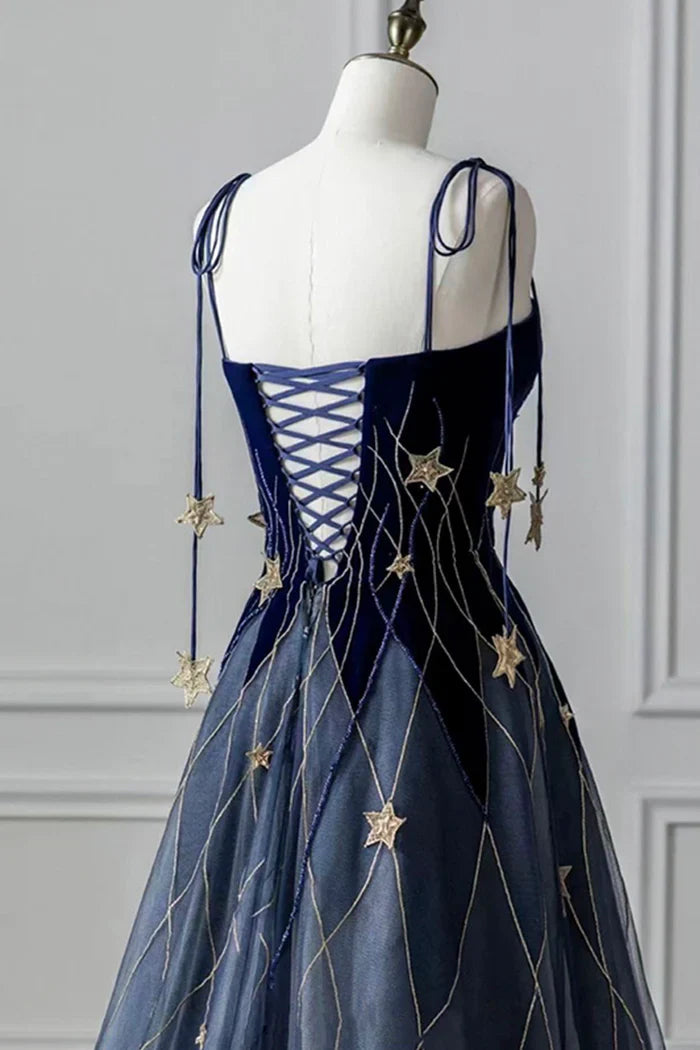 Weitese Dress A-Line Elegant Navy Blue Spaghetti Strap Long Prom Dress With Star